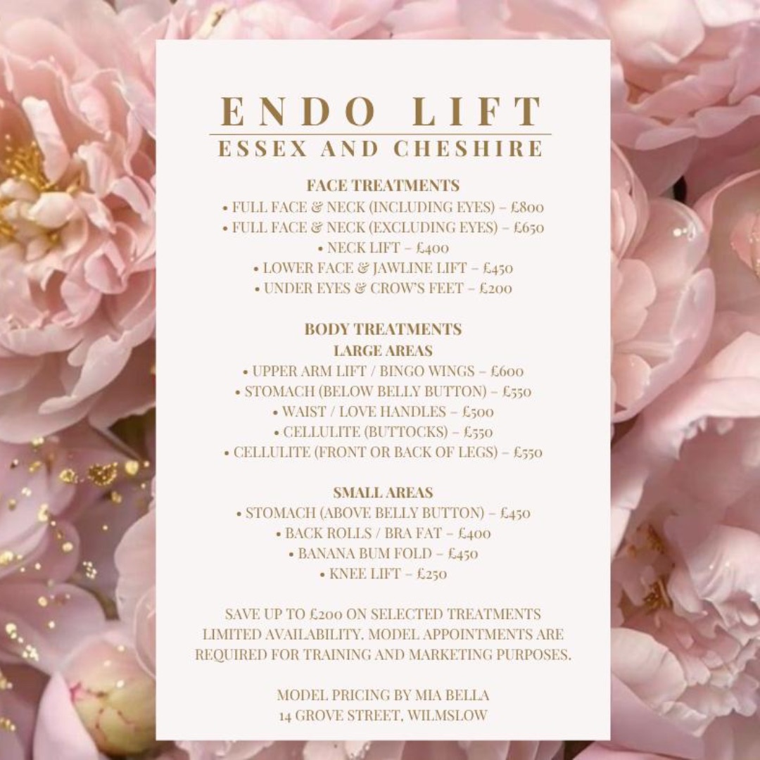 MiaBella Endolift Cheshire — Model patient prices for face and body treatments